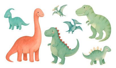 Cute dinosaurs watercolor clipart set, cartoon dinosaur bundle for kids and nursery decoration