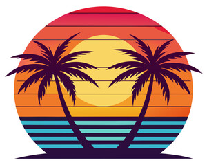 Retro Tropical sunset with palm trees vector on white background