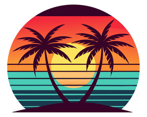Retro Tropical sunset with palm trees vector on white background