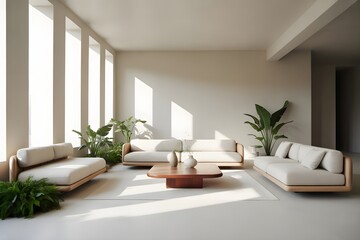 Fototapeta premium Striking wide-angle photograph of a modern, minimalist living room with elegant sofas, a wooden coffee table, and abundant natural light