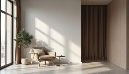 Modern interior room with beige armchair near window with sunlight. Home design living space with plant, curtains and wall. Empty mockup apartment with cozy neutral furniture. Copy space background.