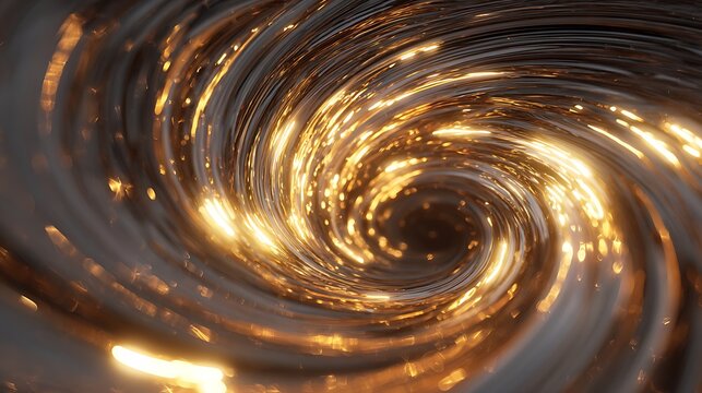Abstract vortex of golden light particles swirling in a mesmerizing display of energy and motion, creating a captivating visual spectacle