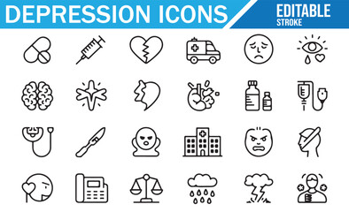Fototapeta premium Outline icon collection of depression and anxiety featuring sad face, brain, hospital, and medicine