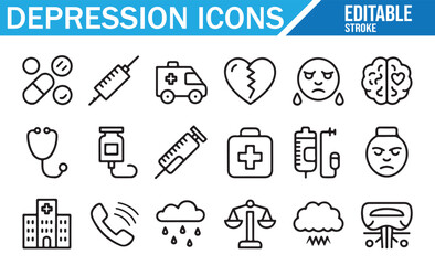 Editable line style depression icons set including brain, sad face, hospital, pills, and therapy symbols