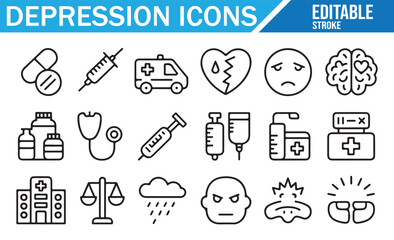 Editable line style depression icons collection, medical treatment, pills, syringe, ambulance, sad face, brain, therapy, hospital, mental health, and stress symbols for healthcare, psychology, and awa