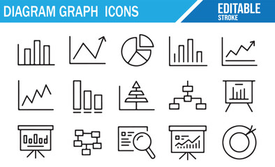 Business analytics vector icons set with line graphs, bar charts, pie diagrams, and pyramid flowcharts