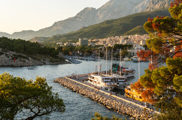 Amazing marina in Makarska Riviera at sunset in autumn, Dalmatia region of Croatia.