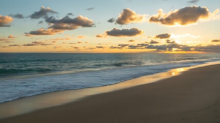 Fototapeta premium Beautiful Sunset at the Beach with Golden Light Reflecting on the Sand and Ocean Waves Serene Coastal Scene with Clouds