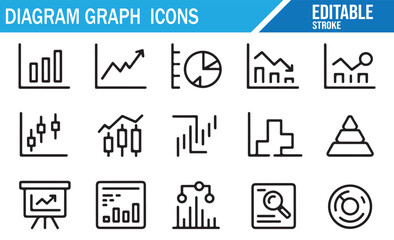 Editable stroke business graph icons featuring pie charts, line charts, bar graphs, and pyramid diagrams
