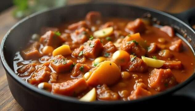 Slow cooked carne guisada simmering gently with garlic and onion slices visible 