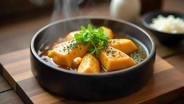 Slow cooked coddle resting on wooden board with steaming broth and aromatic herbs sprinkled 
