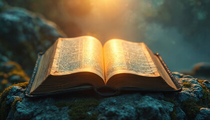 Obraz premium Open ancient book rests on mossy rocks. Sunlight illuminates pages with golden light. Spiritual text, old wisdom, nature background. Knowledge discovery, sacred lore.