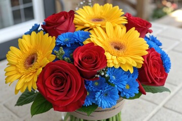 Bright Flower Bouquet With Red, Yellow, and Blue Blooms on a Sunny Day