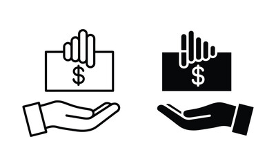 Fototapeta premium Stylized icons of a hand holding a dollar bill over an open palm money currency each icon is silhouettes and outline icon