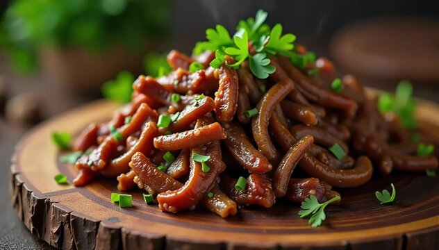 Slow cooked barbacoa beef shredded and piled on rustic wooden board with fresh herbs 