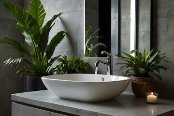 Fototapeta premium Elegant bathroom sink with plants and candle creating a relaxing atmosphere