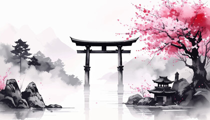 Torii Gate Amidst Cherry Blossom Landscape. Blossoming Sakura and Torii Gate Art. Japanese Torii Gate with Cherry Trees. Sakura Bloom and Torii Gate in Japan. Red Torii Gate Surrounded by Blossoms