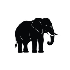 A striking black elephant stands prominently in a simple silhouette