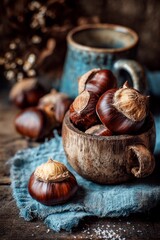 Fresh chestnuts fill a rustic wooden cup, resting on a blue cloth surrounded by raw chestnuts. Soft, warm tones create a cozy autumn atmosphere
