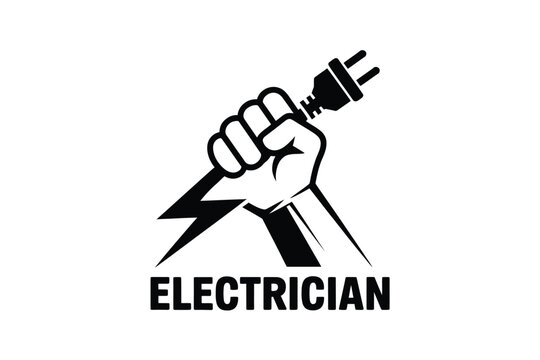 Fist holding electric plug and lightning bolt with electrician text