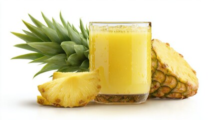 Fresh Pineapple Juice with Tropical Fruit Slices and Green Leaves