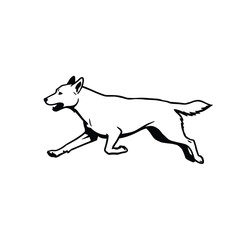 Running dog depiction in a stark black and white style silhouette