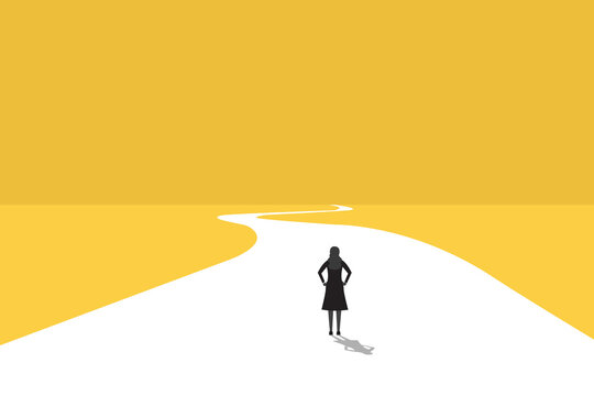 Business woman follow a path for business opportunities. visionary leadership different business routes. Symbol of ambition, motivation and long road ahead