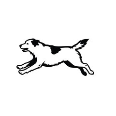 A dynamic running dog illustration in stark black and white silhouette