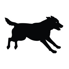 A dynamic running dog form captured in bold black silhouette