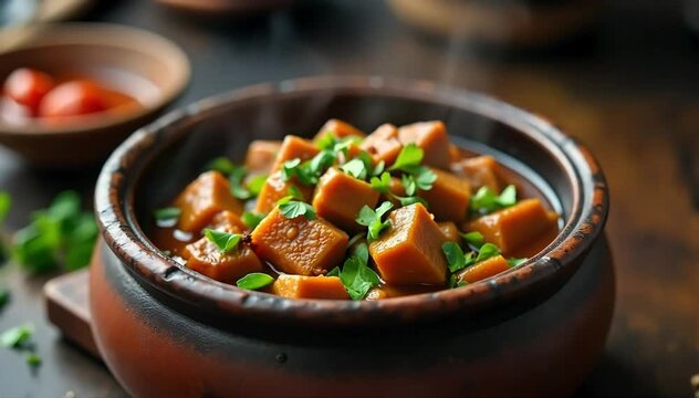 Slow cooked pork adobo resting in traditional clay pot with aromatic spices floating 