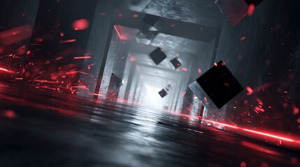 Abstract futuristic corridor with floating cubes and red light trails creating a dynamic and immersive visual experience for the viewer