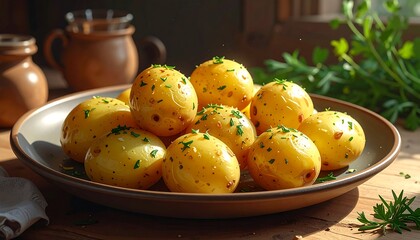 A plate of seasoned, golden-yellow potatoes, glistening with herbs, sits on a wooden surface, bathed in warm sunlight.