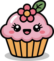 Vector art of cute cupcake cartoon with flower the adorable cupcake is smiling and has big eyes the cupcake is pink and yellow the cupcake has a flower on top