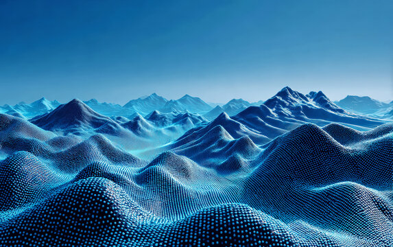 Abstract digital landscape with undulating blue mountain ranges