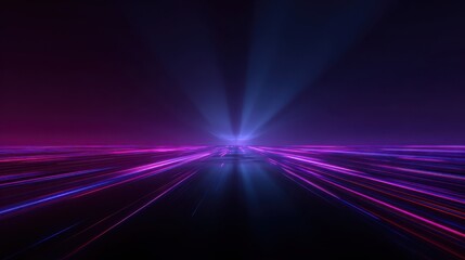 Fototapeta premium Abstract neon light streaks, futuristic purple and blue glowing horizon, cinematic speed motion background, digital cyberspace energy concept
