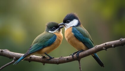 Fototapeta premium Two colorful birds sit on a branch. Birds tenderly touch each other in forest. Wildlife close up shows avian bonding with bright plumage. Nature scene with fauna in romantic embrace.