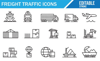 Editable line style icons set of freight transport, cargo ship, airplane, truck, and warehouse logistics