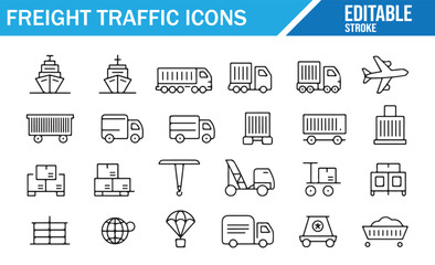 Editable line style freight traffic icons collection, cargo ship, airplane, trucks, containers, warehouse, delivery, logistics, transport, shipping, and distribution symbols for global trade and suppl