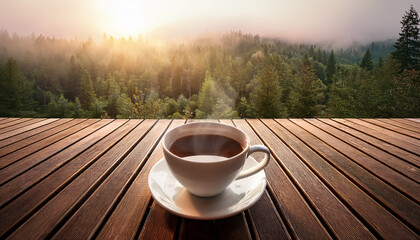 Morning Coffee On Wooden Porch Surrounded By Misty Forest