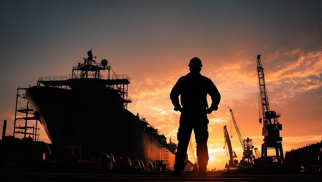 Silhouette of worker in protective gear standing with hands on hips in front of cargo ship under construction at sunset, cranes in background symbolizing shipbuilding industry