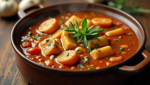 Slow cooking cassoulet casserole with bubbling sauce and aromatic herbs and garlic on surface 