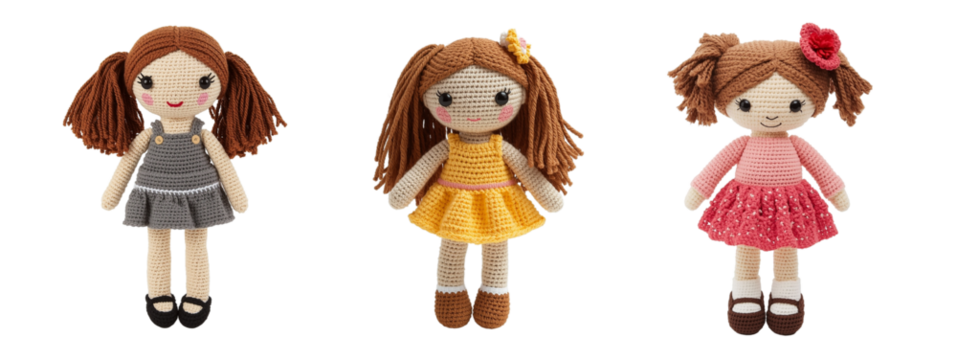 Doll little girl set isolated on a transparent PNG background. Children's crocheted toys in a pink, gray and yellow dresses. Handmade gift. - Powered by Adobe
