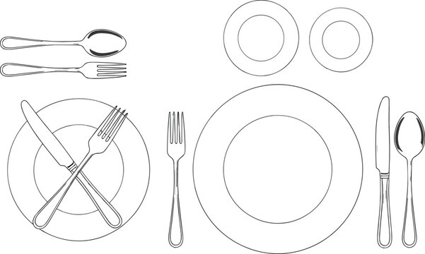Formal table setting diagram, black and white line vector for dining etiquette, restaurant layout, culinary training, minimal food design