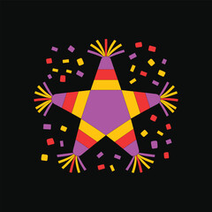 Colorful Star- Shaped Piñata with Confetti on Black Background festive party