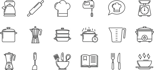 Kitchen tools icon set, black and white line vector for cooking, appliances, utensils, chef gear, minimal food graphic design