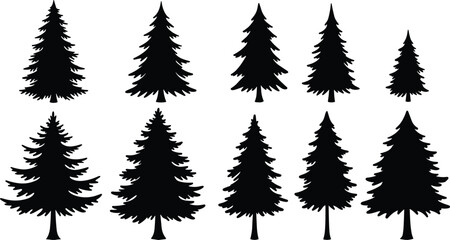 Collection of pine tree silhouettes, black evergreen icons, vector Christmas trees, isolated nature elements, graphic design set