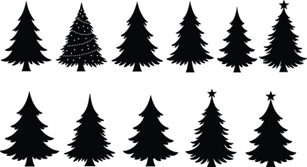 Collection of pine tree silhouettes, black evergreen icons, vector Christmas trees, isolated nature elements, graphic design set