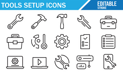 Editable stroke flat design icons of maintenance, gear, toolbox, screwdriver, and wrench