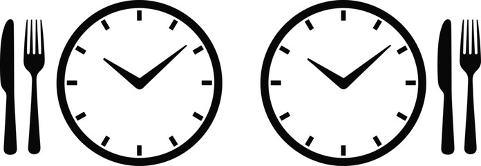 Meal time clock illustration, black and white vector of dining schedule with fork knife and analog clock for food timing design