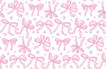 Seamless pattern with abstract simple red ribbons. Vector flat background with bows in retro style. Coquette and ballet core. Holiday, christmas, valentines day clipart